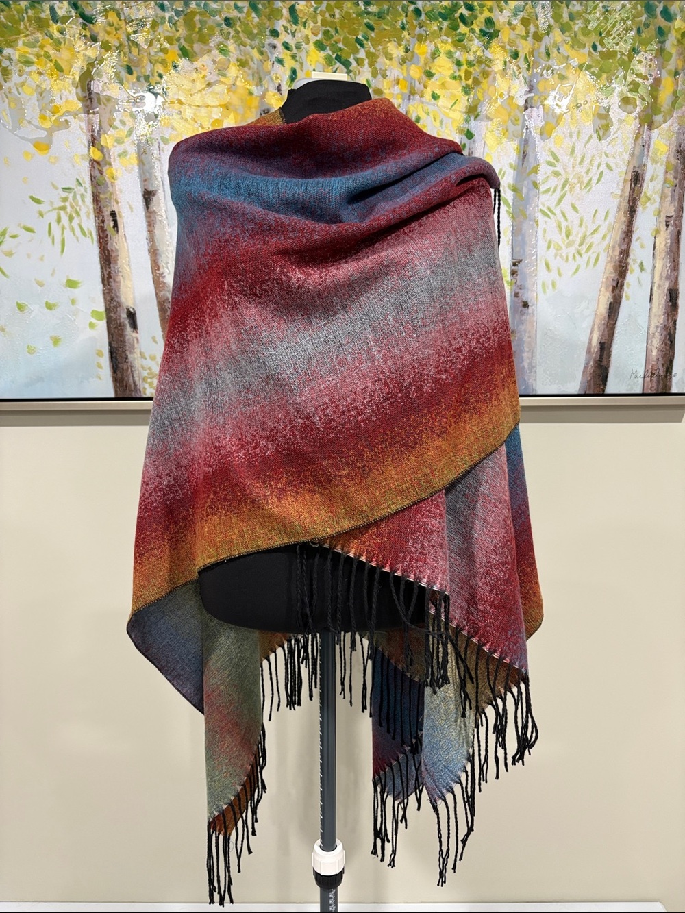 Multicolor Ombre Fringe Shawl - Red, Yellow & Blue Blend